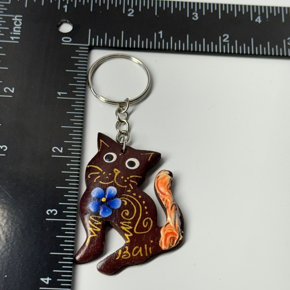 Handcrafted Bali Cat Keychain Wooden Charm Decorative Animal Pendant